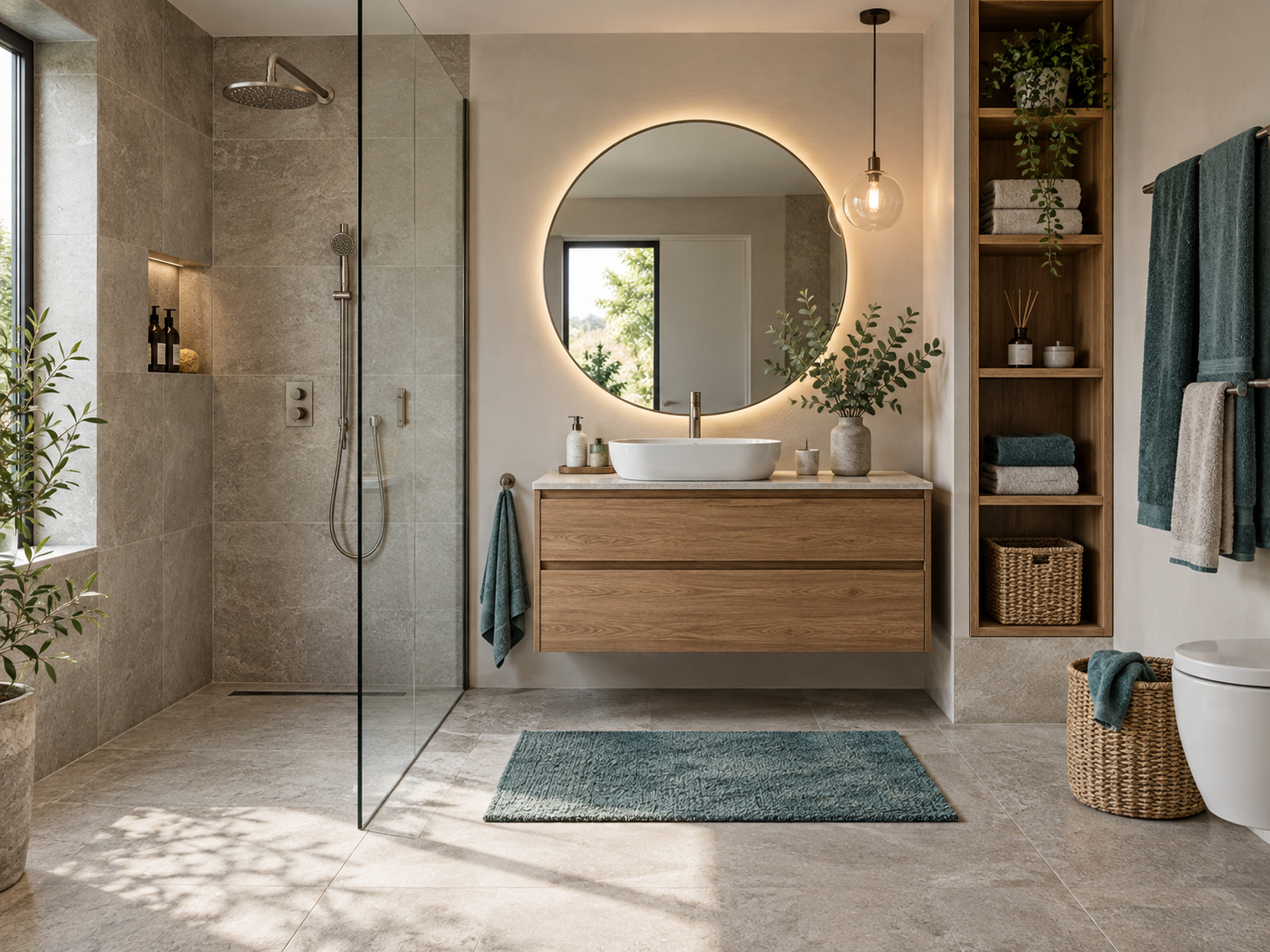 Modernes Bad mit Dusche, Waschtisch, Armatur und Badmöbeln