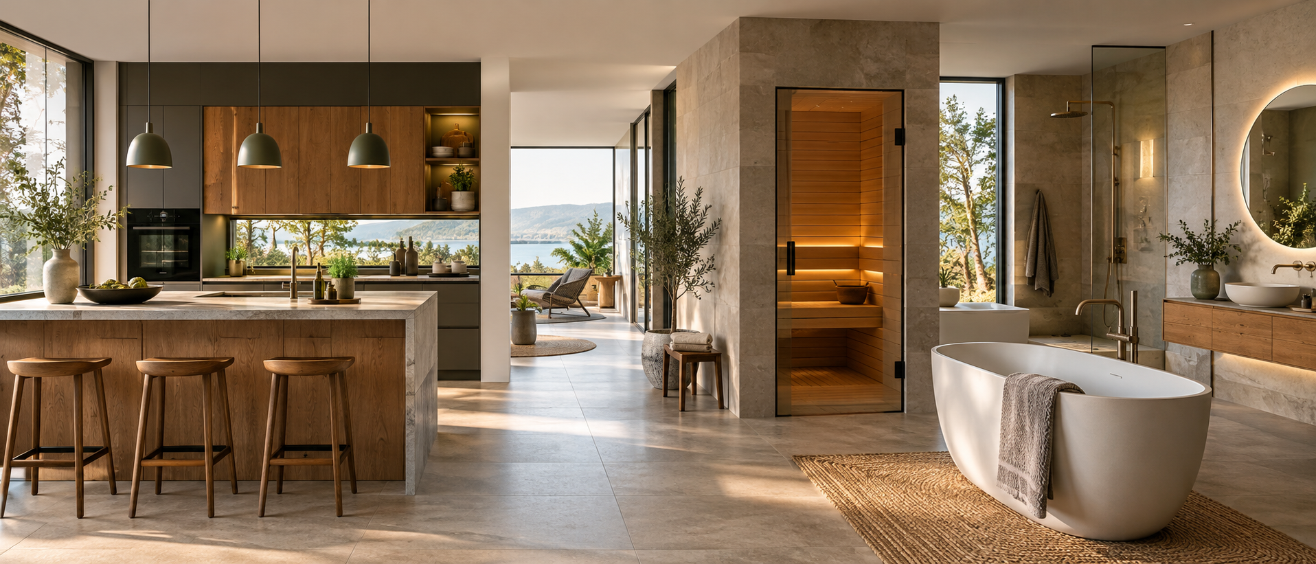 Moderne Wohnwelt mit Küche, Bad und privater Sauna