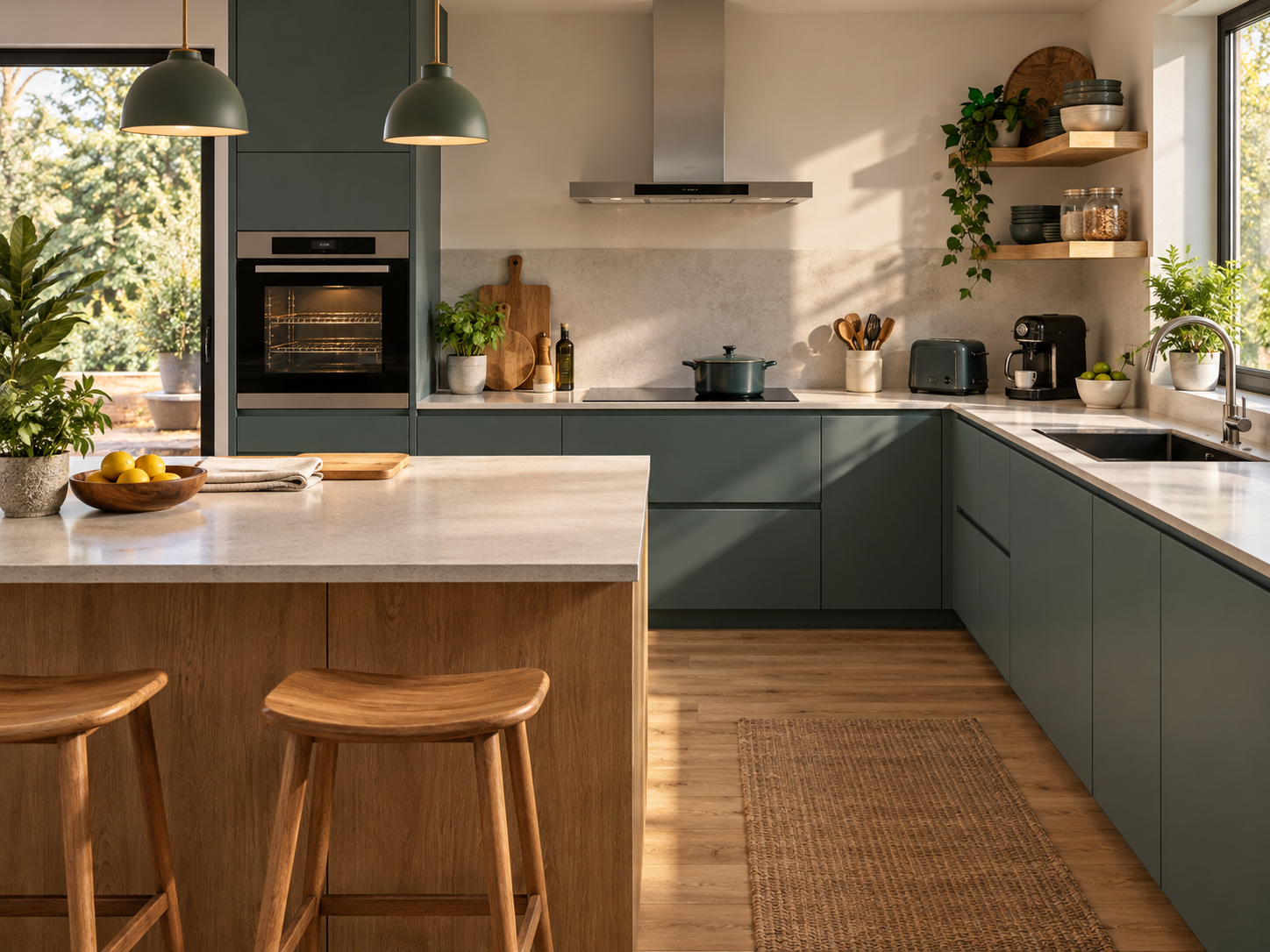 Moderne Küche mit Kochfeld, Backofen, Spüle und Küchengeräten