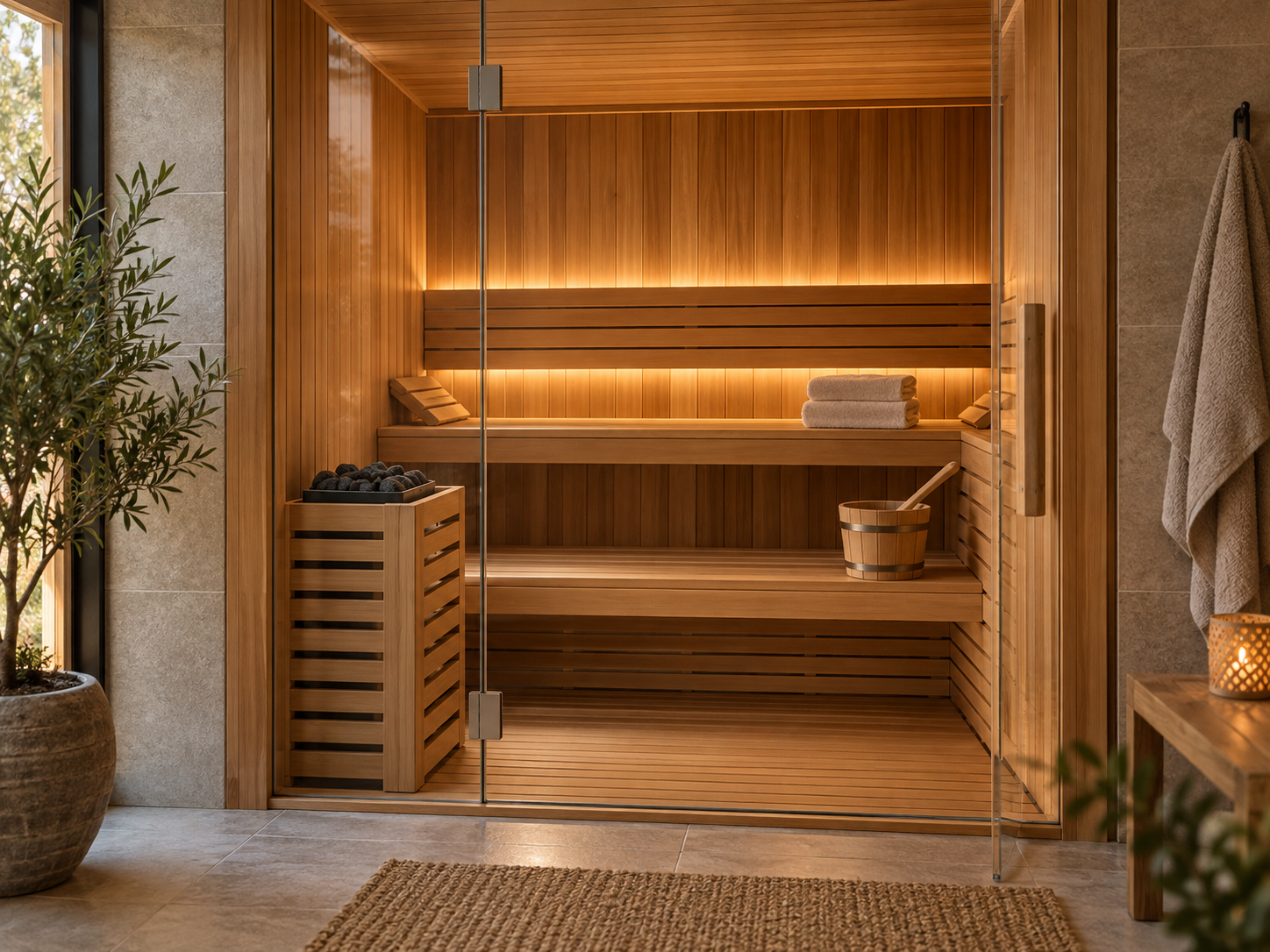Private Holzsauna mit Ofen, Kübel, Kelle und Handtüchern