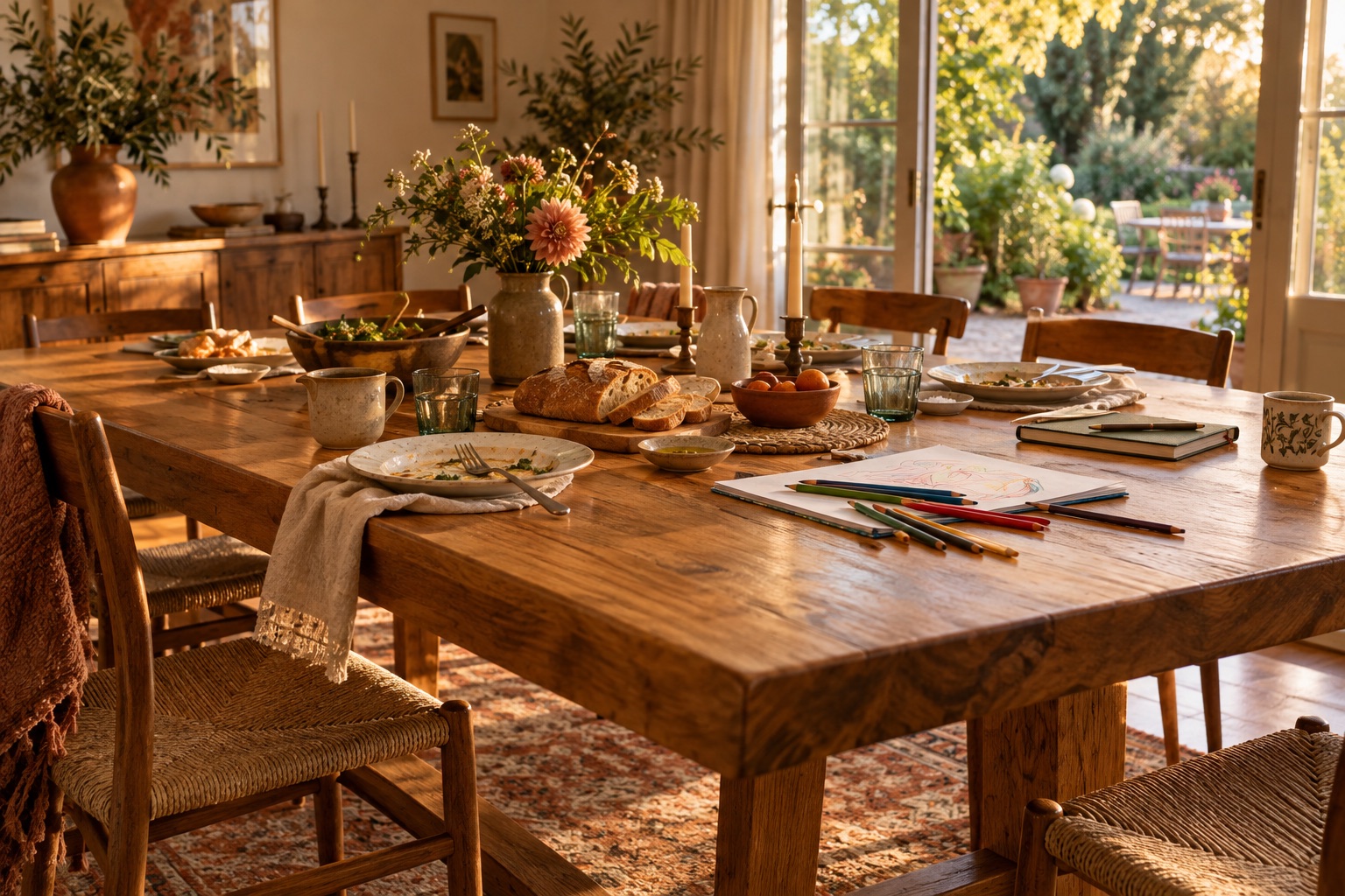 Großer Holzesstisch nach einer gemeinsamen Mahlzeit mit Blumen und Zeichenstiften