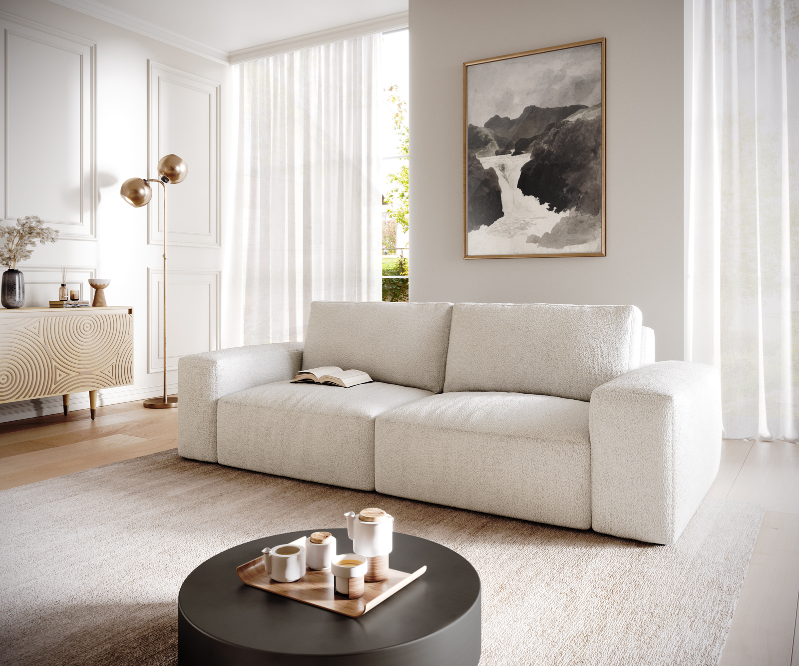 DELIFE Big-Sofa Lanzo L 260×110 cm Bouclé Creme-Weiß, Big Sofas