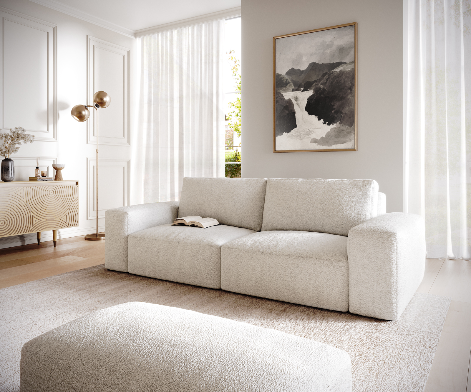 DELIFE Big-Sofa Lanzo L 260×110 cm Bouclé Creme-Weiß mit Hocker, Big Sofas
