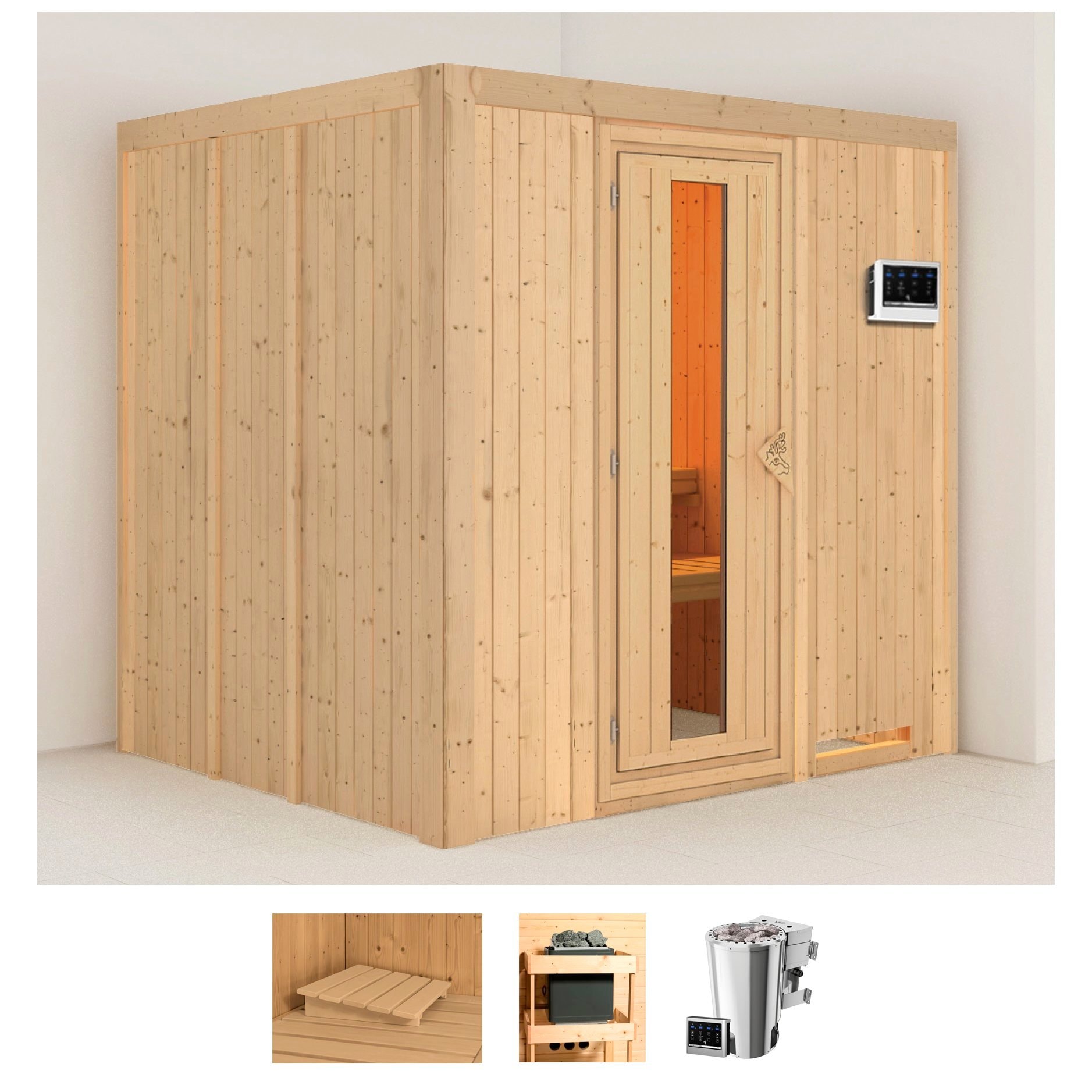 Karibu Sauna "Dima", (Set), 3,6-kW-Bio-Plug & Play Ofen mit externer Steuerung