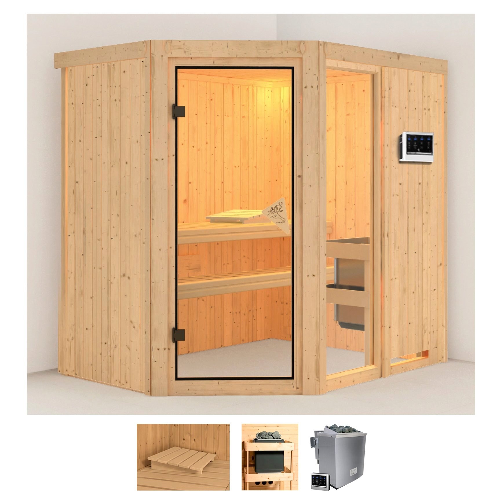 Karibu Sauna "Frigga 1", (Set), 9-kW-Bio-Ofen mit externer Steuerung