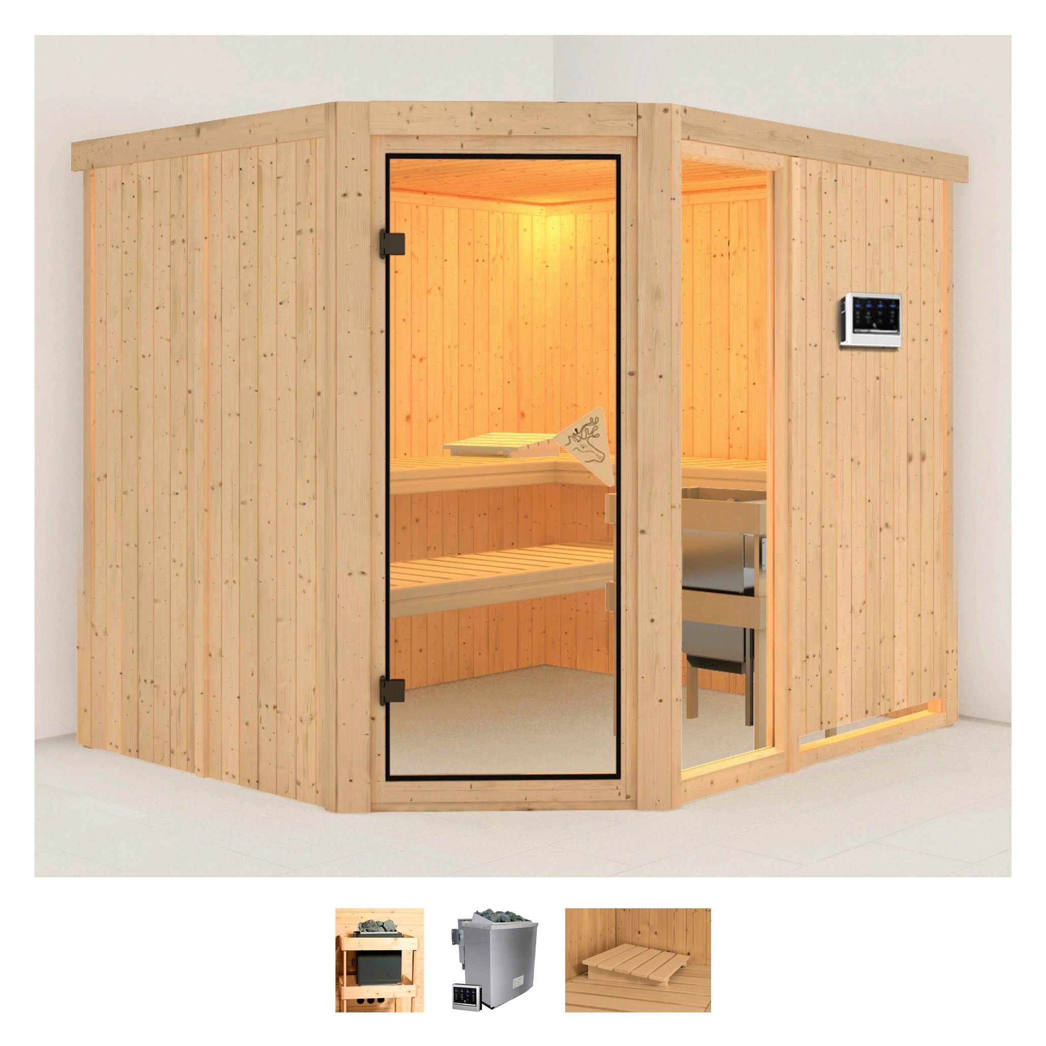 Karibu Sauna "Frigga 3", (Set), 9-kW-Bio-Ofen mit externer Steuerung
