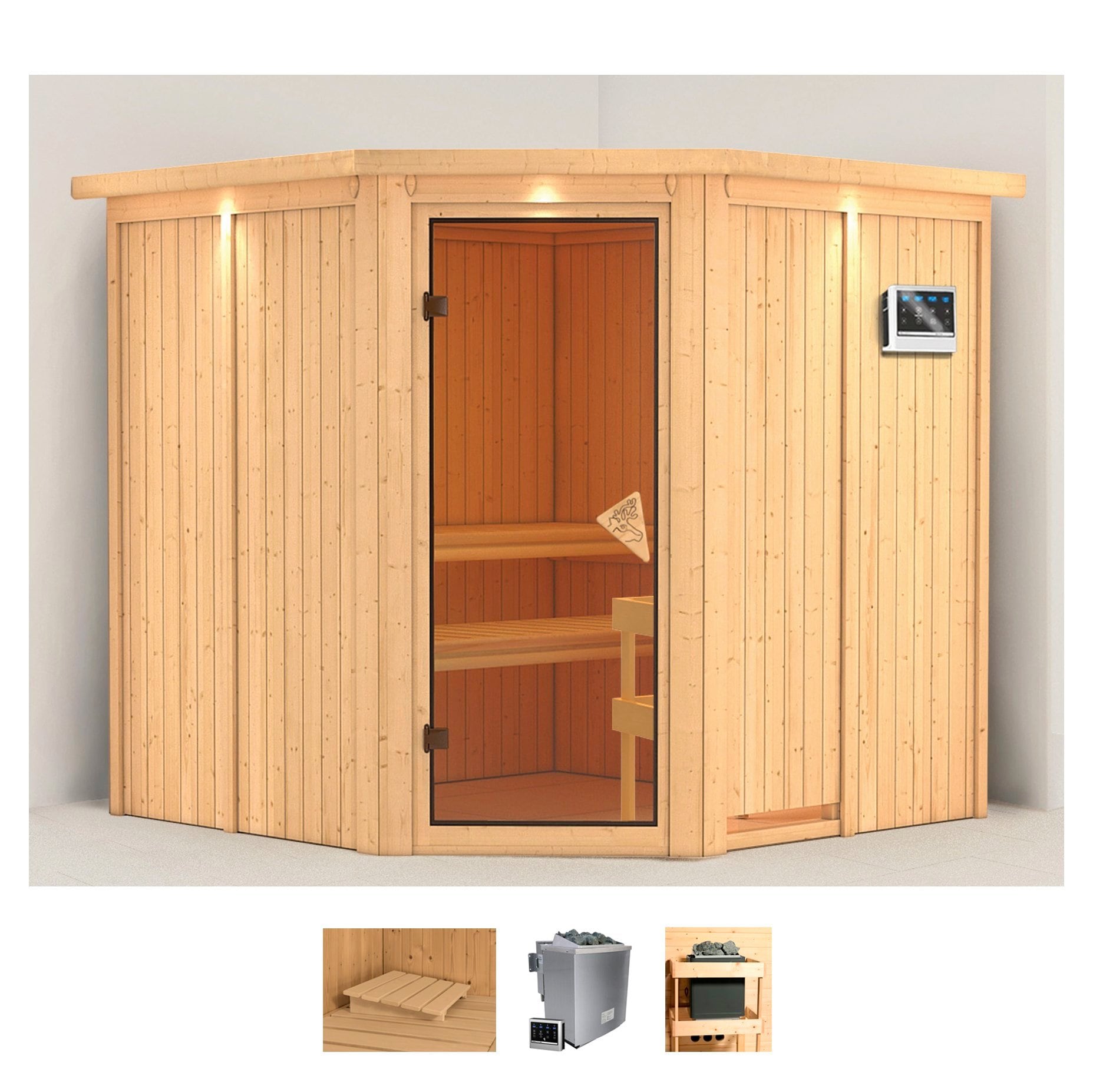 Karibu Sauna "Jarla", (Set), 9-kW-Bio-Ofen mit externer Steuerung