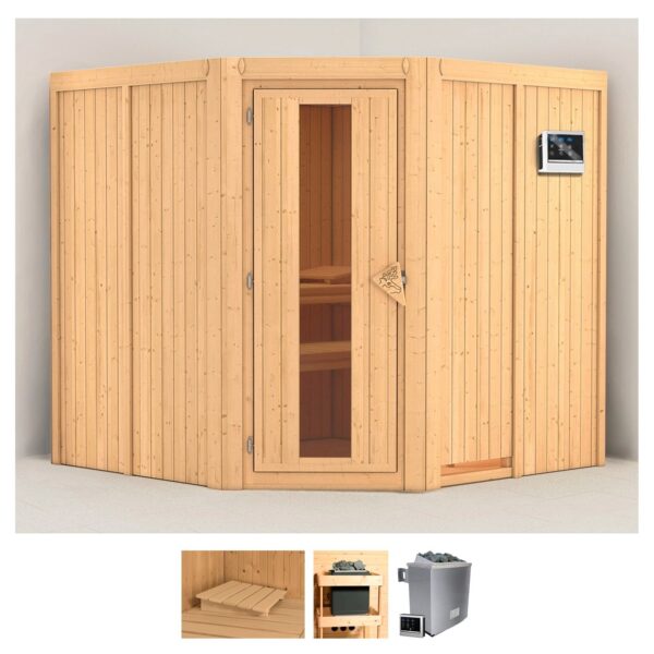 Karibu Sauna "Jarla", (Set), 9-kW-Ofen mit externer Steuerung