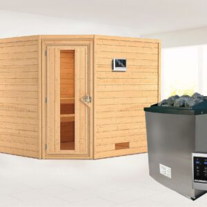 Karibu Sauna ""Leona" mit Energiespartür Ofen 9 KW externe Strg modern", aus hochwertiger nordischer Fichte