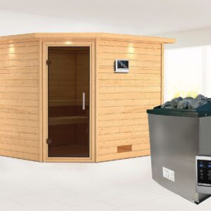 Karibu Sauna ""Leona" mit Kranz und graphitfarbener Tür Ofen 9 KW externe Strg", aus hochwertiger nordischer Fichte