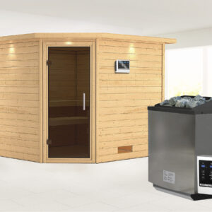 Karibu Sauna ""Leona" mit Kranz und graphitfarbener Tür Ofen 9 kW Bio externe Strg", aus hochwertiger nordischer Fichte