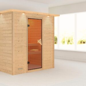 Karibu Sauna ""Sonja" mit bronzierter Tür und Kranz naturbelassen"