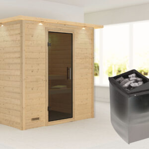 Karibu Sauna ""Sonja" mit graphitfarbener Tür und Kranz Ofen 9 kW integr. Strg"