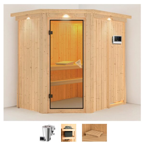 Karibu Sauna "Swantje", (Set), 3,6-kW-Bio-Plug & Play Bio-Ofen mit externer Steuerung
