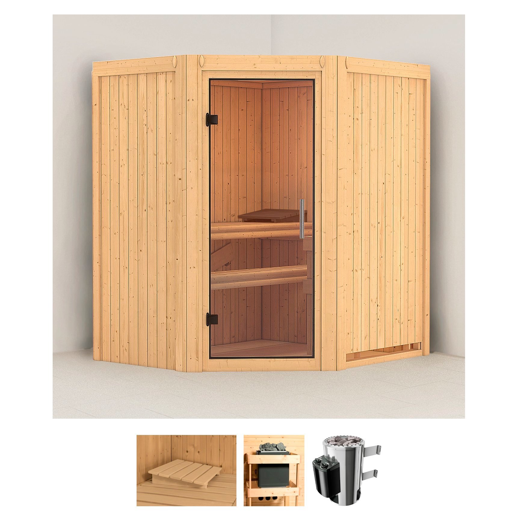 Karibu Sauna "Tomke", (Set), 3,6-kW-Plug & Play Ofen mit integrierter Steuerung