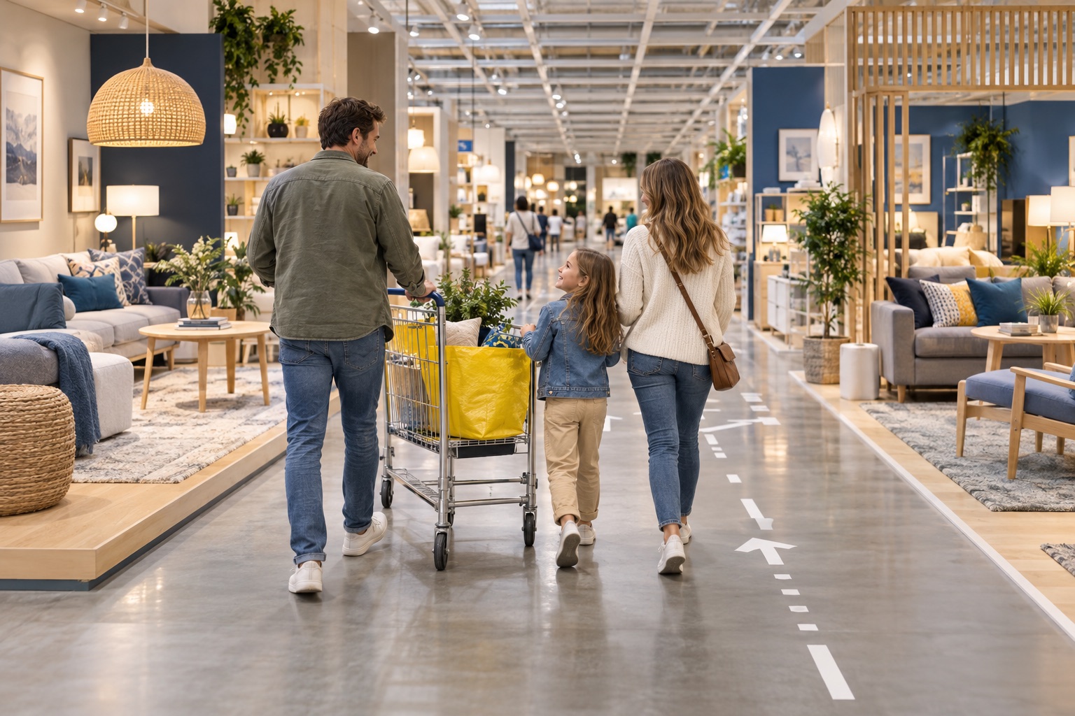 Familie mit Einkaufswagen in einem großen Möbelhaus