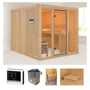 welltime Sauna "Artja", (Set), naturbelassen, mit Ofen 9 kW ext. Steuerung