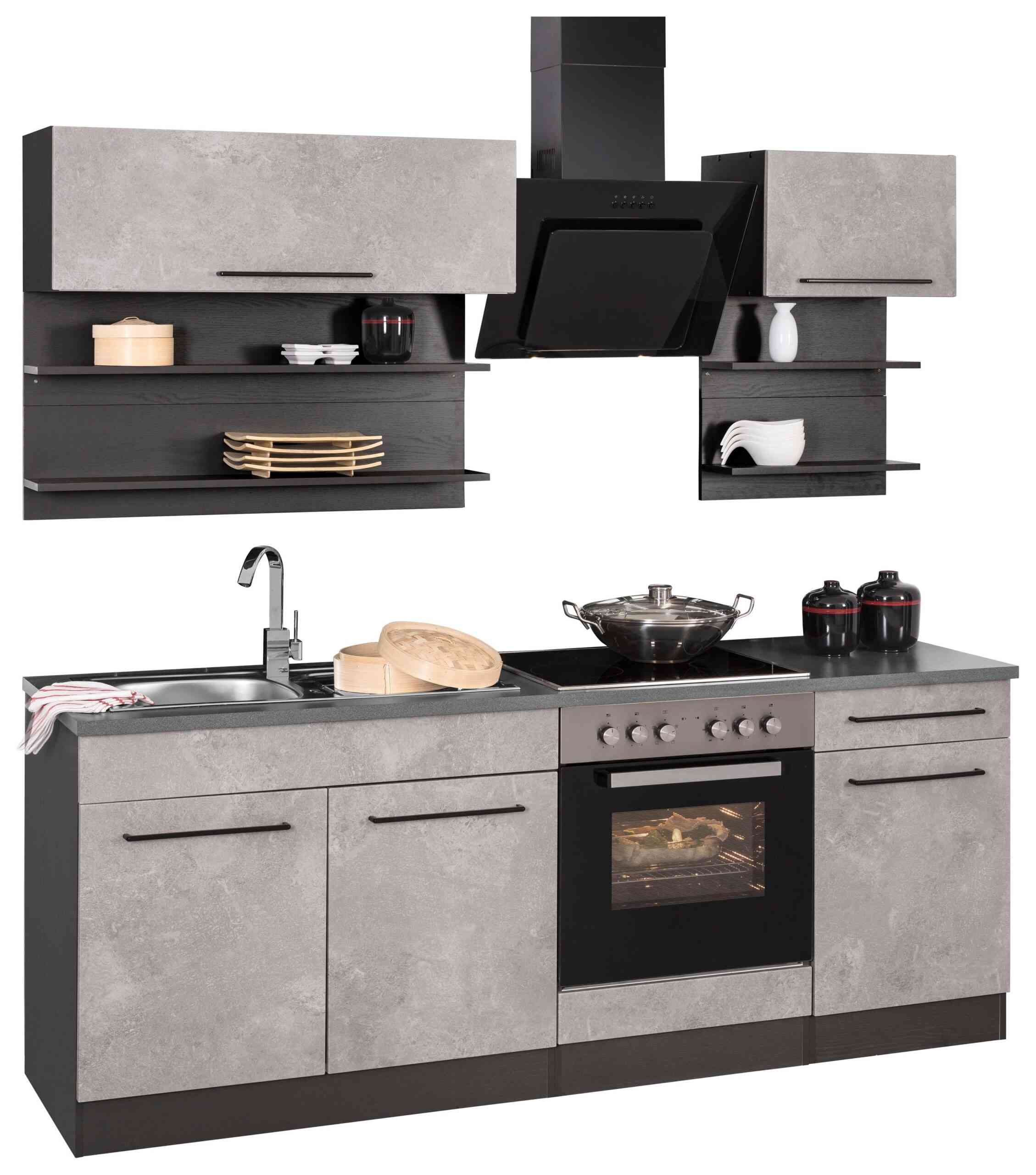 HELD MÖBEL Küchenzeile "Tulsa", mit E-Geräten, Breite 210 cm, schwarze Metallgriffe, MDF Fronten