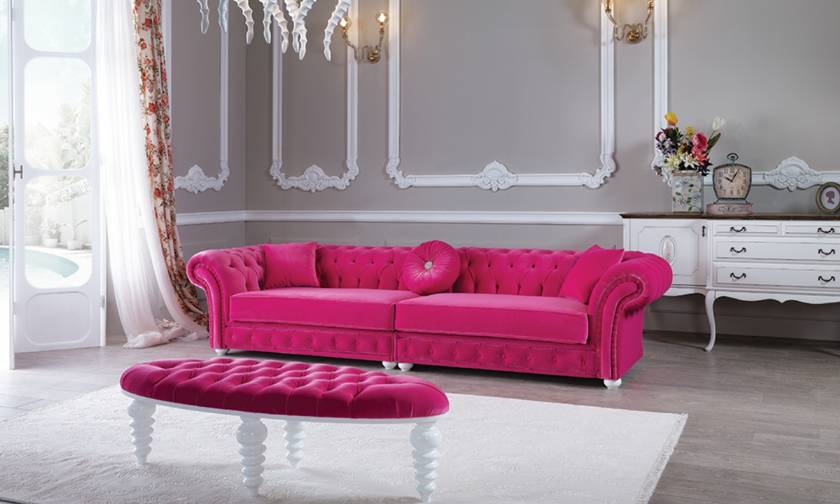 Chesterfield Samt Sofa 5 Sitzer Designer Couchen Couch Textil Stoff Pink Sofort