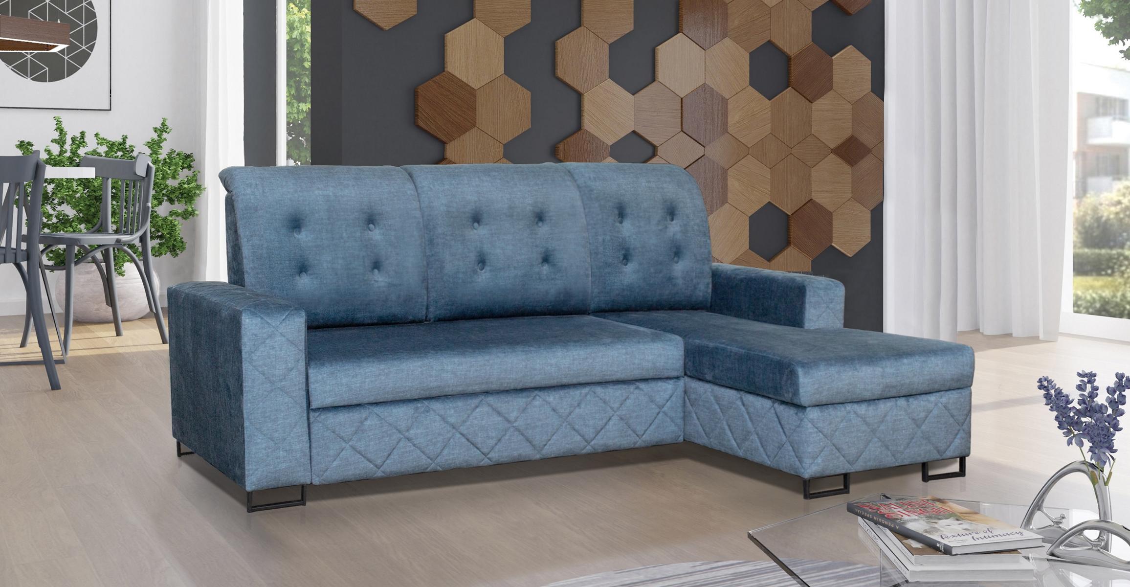 Designer Sofa Couch Ecke Hocker gepolstert Blau Wohnraum L-Form Schlafsofa Möbel