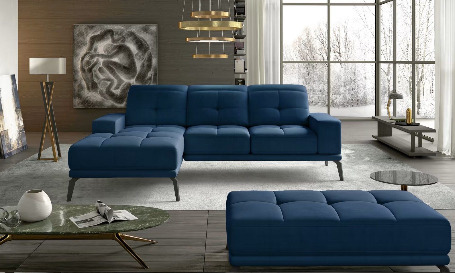 Ecksofa L Form mit Hocker Sofa Couch Design Polster Textil Modern Blau Sofa Sofort
