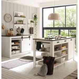 Küchen Set mit Spülschrank, Kücheninsel und Wandregal SHELTON-61 in Pinie weiß Nb. mit anthrazit - weiß