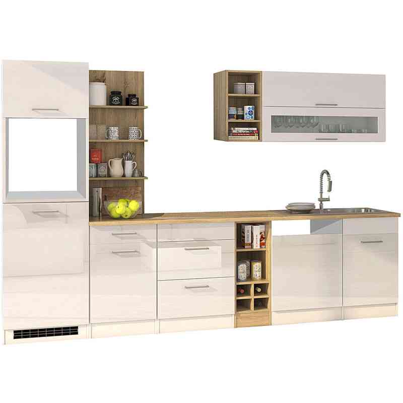 Küchenzeile weiß glänzend 310 cm MARANELLO-03 , Weiß Hochglanz ohne E-Geräte b x h x t ca. 310 x 200 x 60cm - weiß