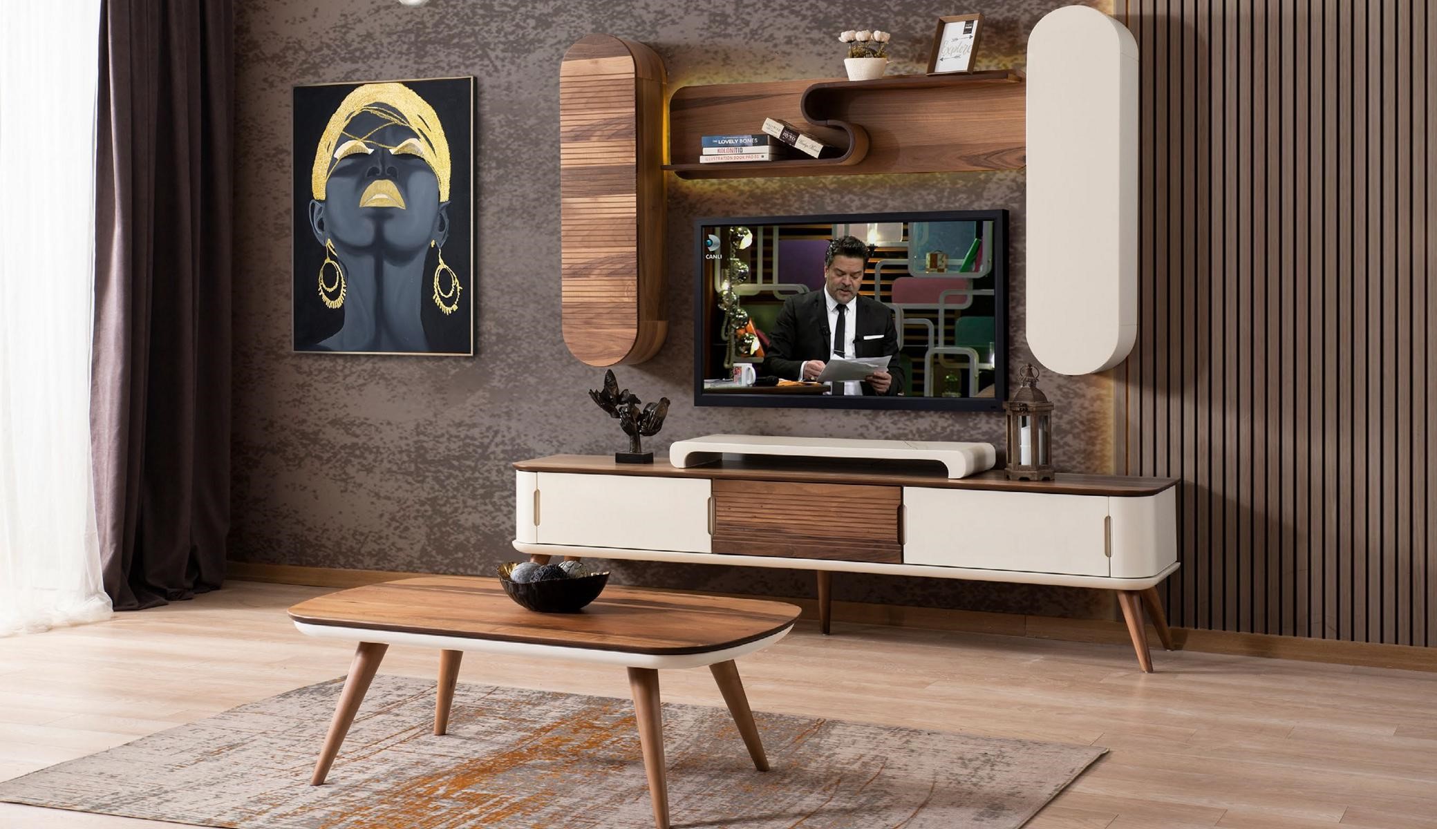 Luxus Wohnwand Set mit Couchtisch Wohnwände Sidebord rtv ständer tv holz 2tlg