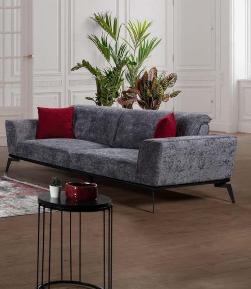 Sofa 3 Sitzer Couch Polster Sofas Wohnzimmer Stoff Grau Wohnlandschaft