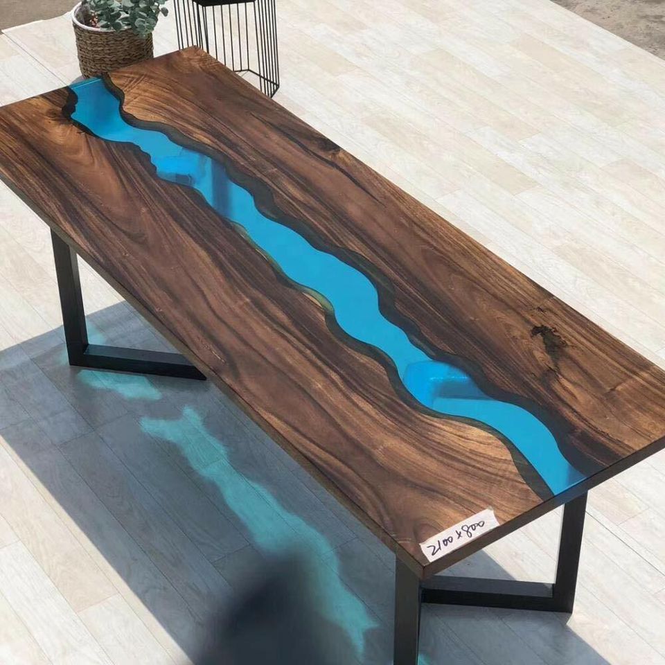 epoxid Harz Fluss Tisch Echtes Massiv Holz Blau Wasser Tissche Epoxy Möbel Neu