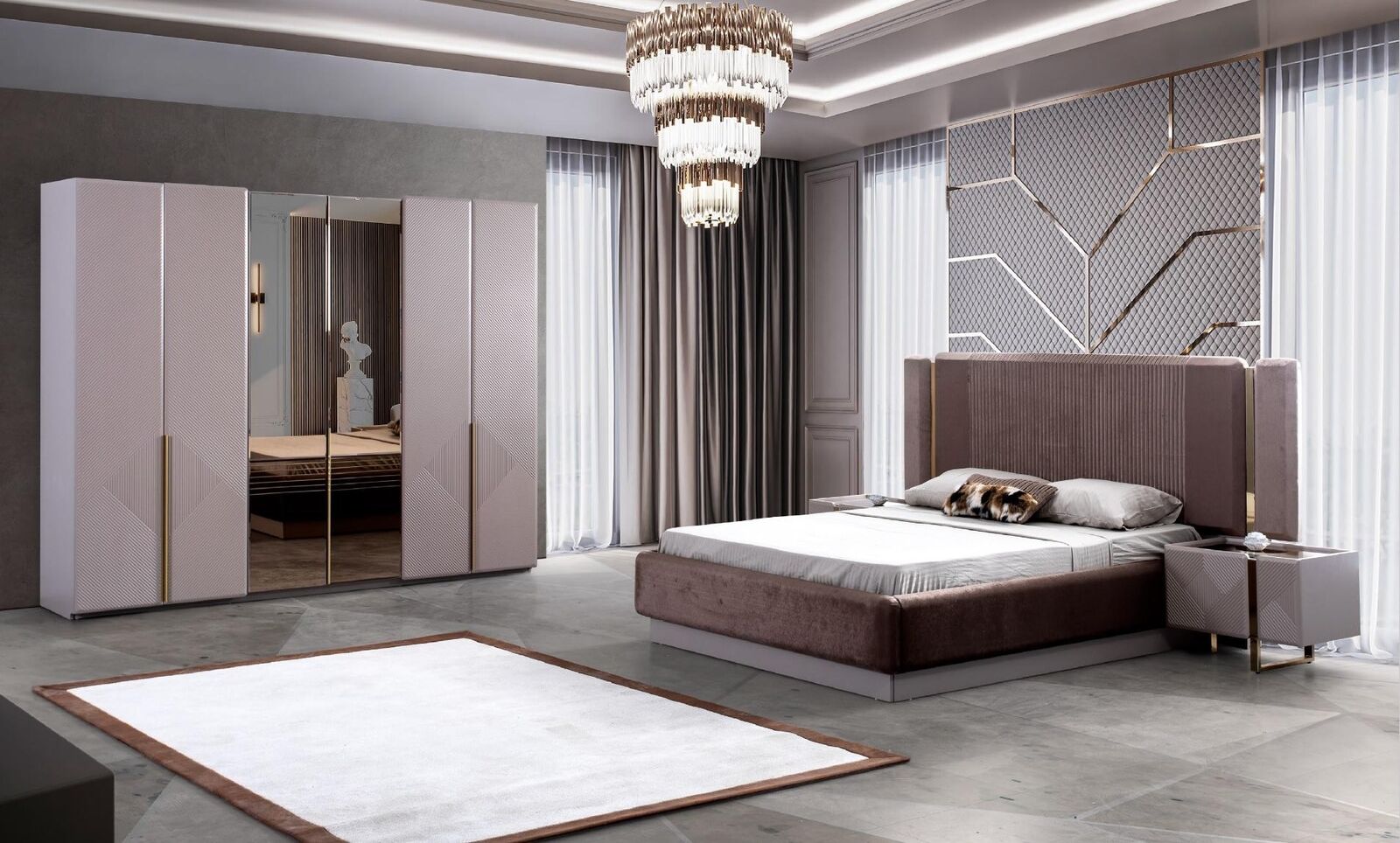 Bett Schlafzimmer Luxus Betten 2x Nachttische 4tlg Kleiderschrank Konsolen