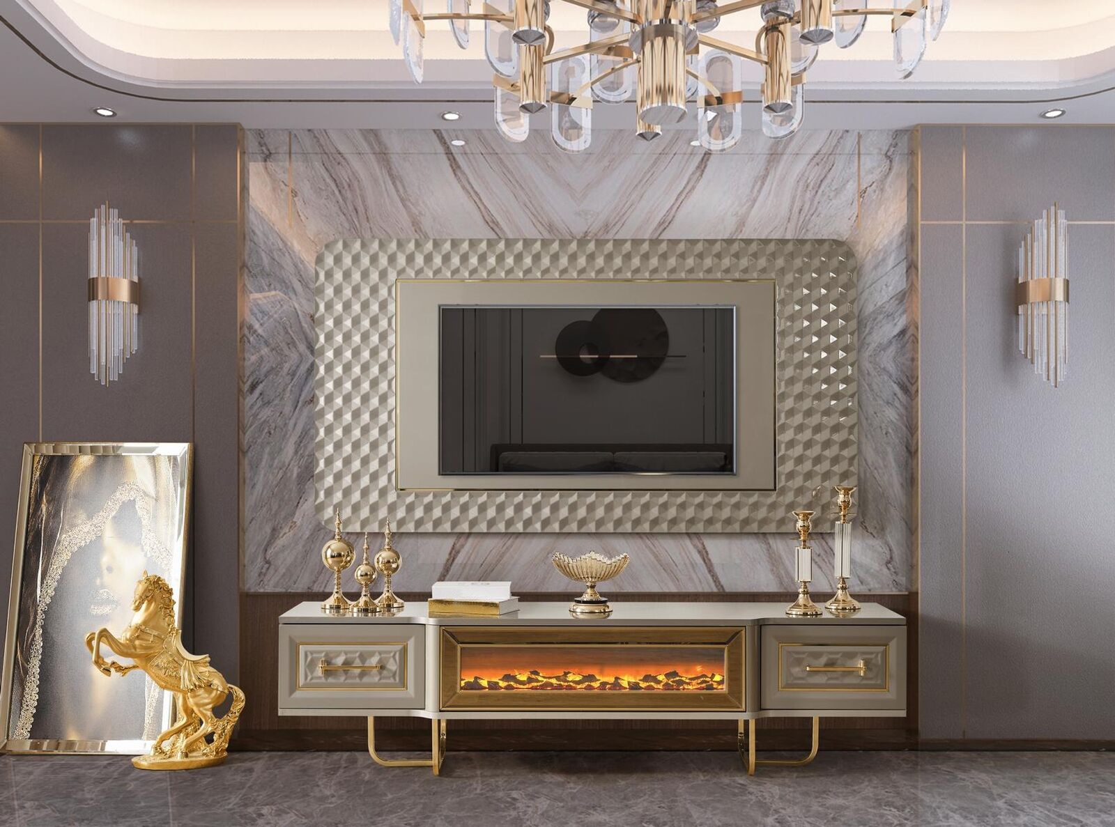 Luxus Wohnwand mit Kamin Fernseher Ständer tv Board Wand Wohnwände Sideboard