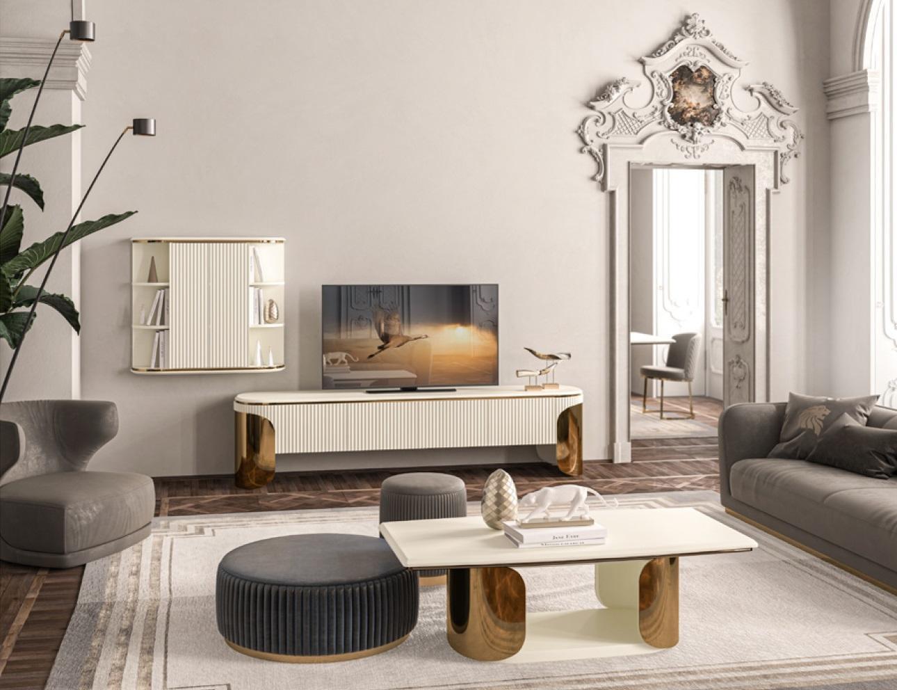 Moderner weißer Luxus TV Schrank Fernseher Ständer Kommode Sideboard Wohnwand