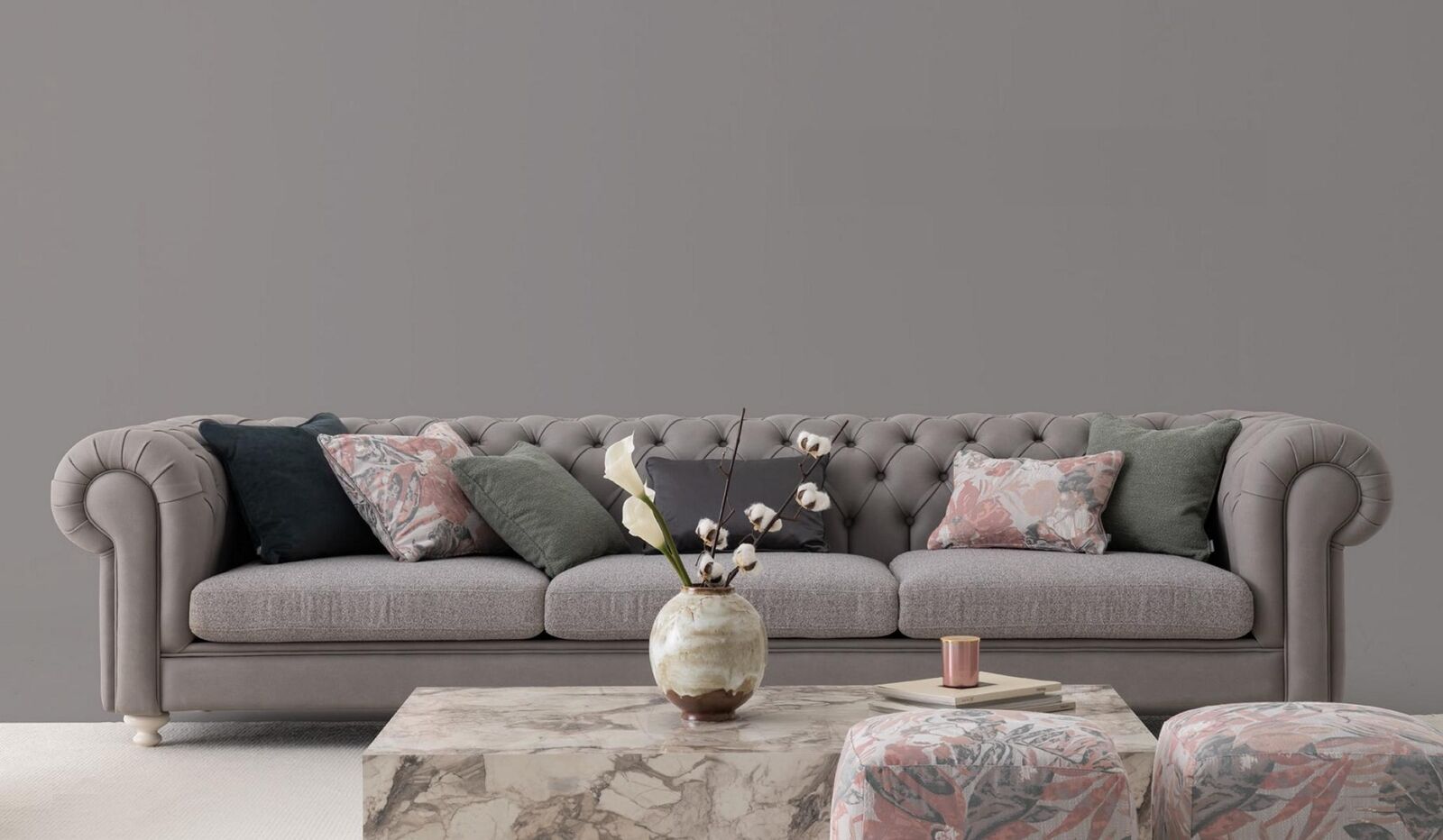 Chesterfield 4-Sitzer grau Design Sofa Polster Sofas Chaiselongues Stoff Textil