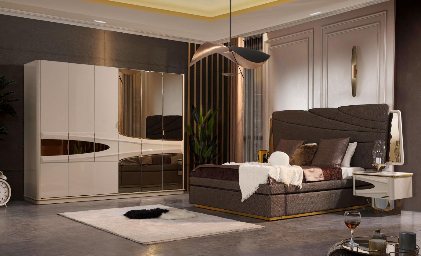 Garnitur Schlafzimmer Doppelbett Luxus Bett Modern Grau Set 4tlg Beige