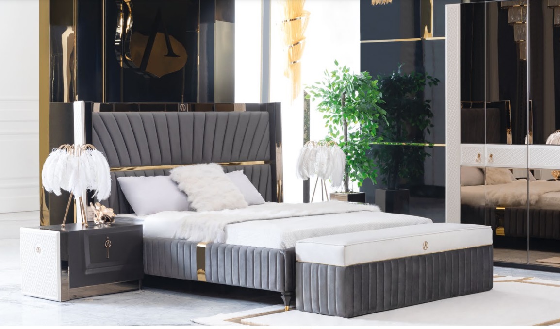 Luxus Bett 180x200cm mit Holz Kopfteil und 2 Nachttischen Italienische Möbel Neu
