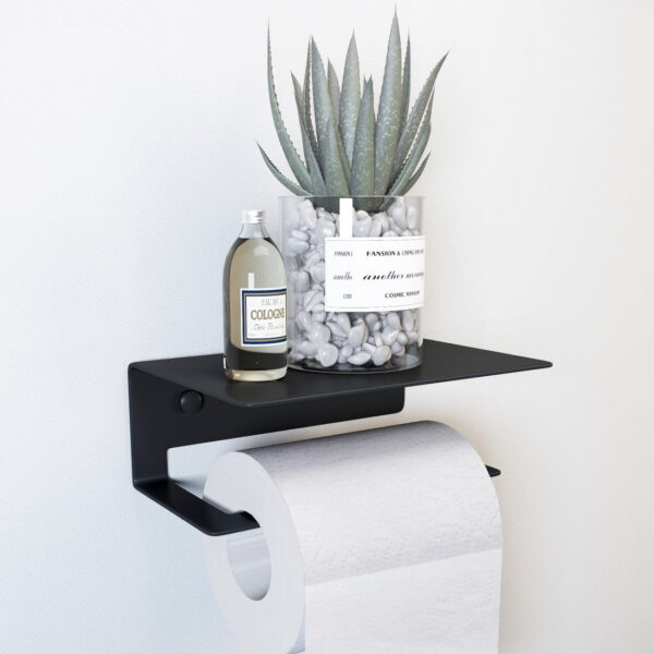 Artikelbeschreibung: Stabiler Toilettenpapierhalter aus matt-schwarz beschichtetem Edelstahl zur Wandmontage. Mit kleiner Ablagefläche für z. B. Handys