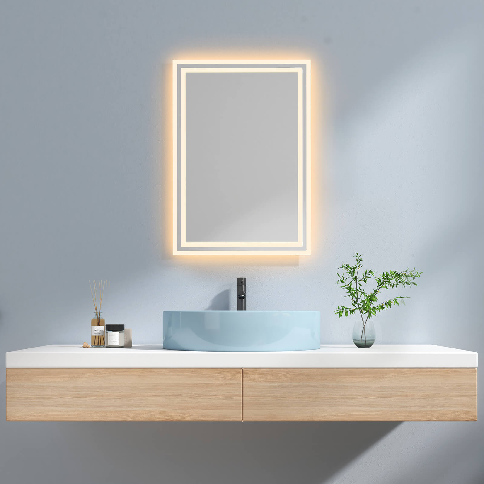 EMKE LM04 Badspiegel mit integrierter Beleuchtung und verschiedenen Funktionen, rechteckig 50×70+Warmweiß