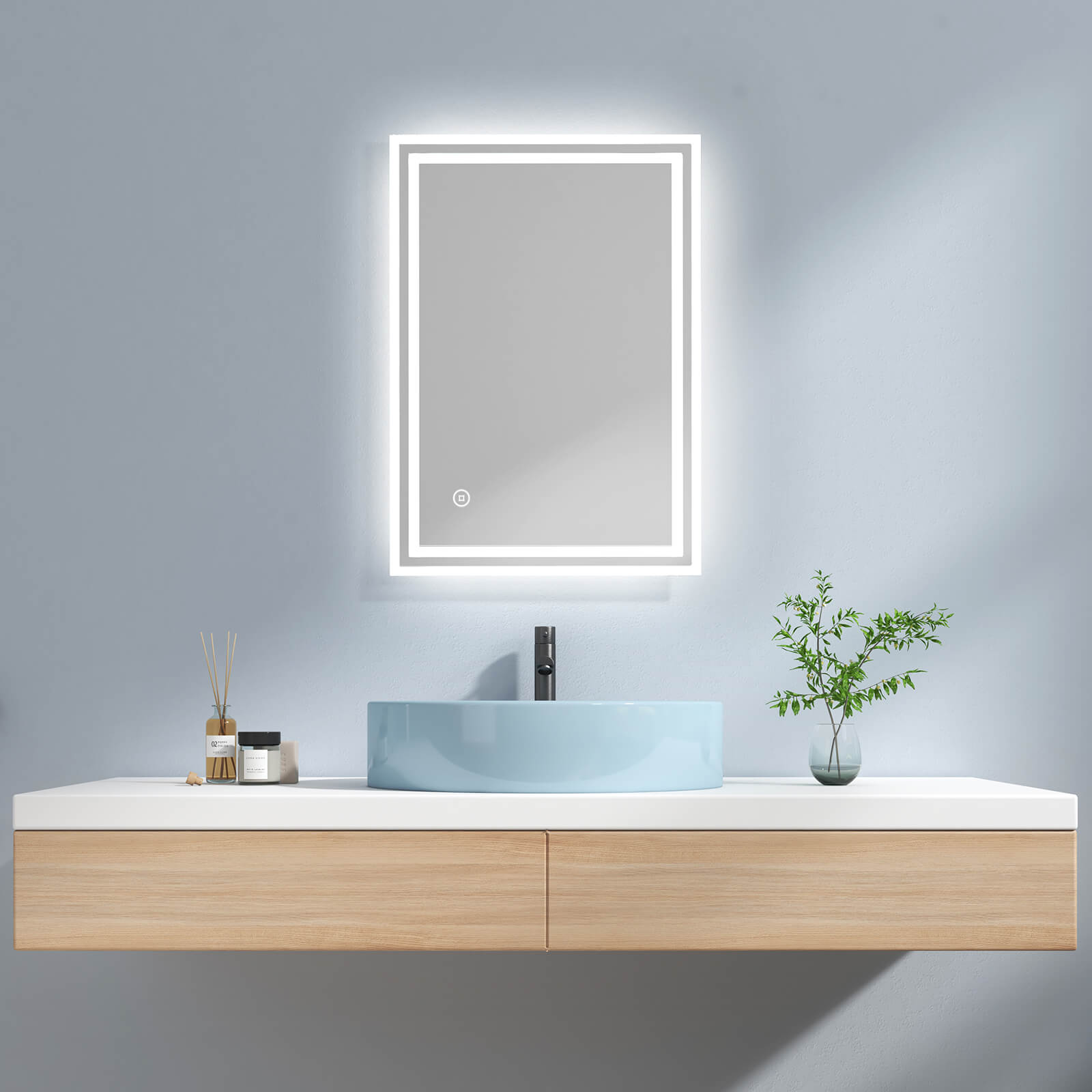 EMKE LM04 Badspiegel mit integrierter Beleuchtung und verschiedenen Funktionen, rechteckig 50×70+Touch+Kaltweiß+Anti-beschlag