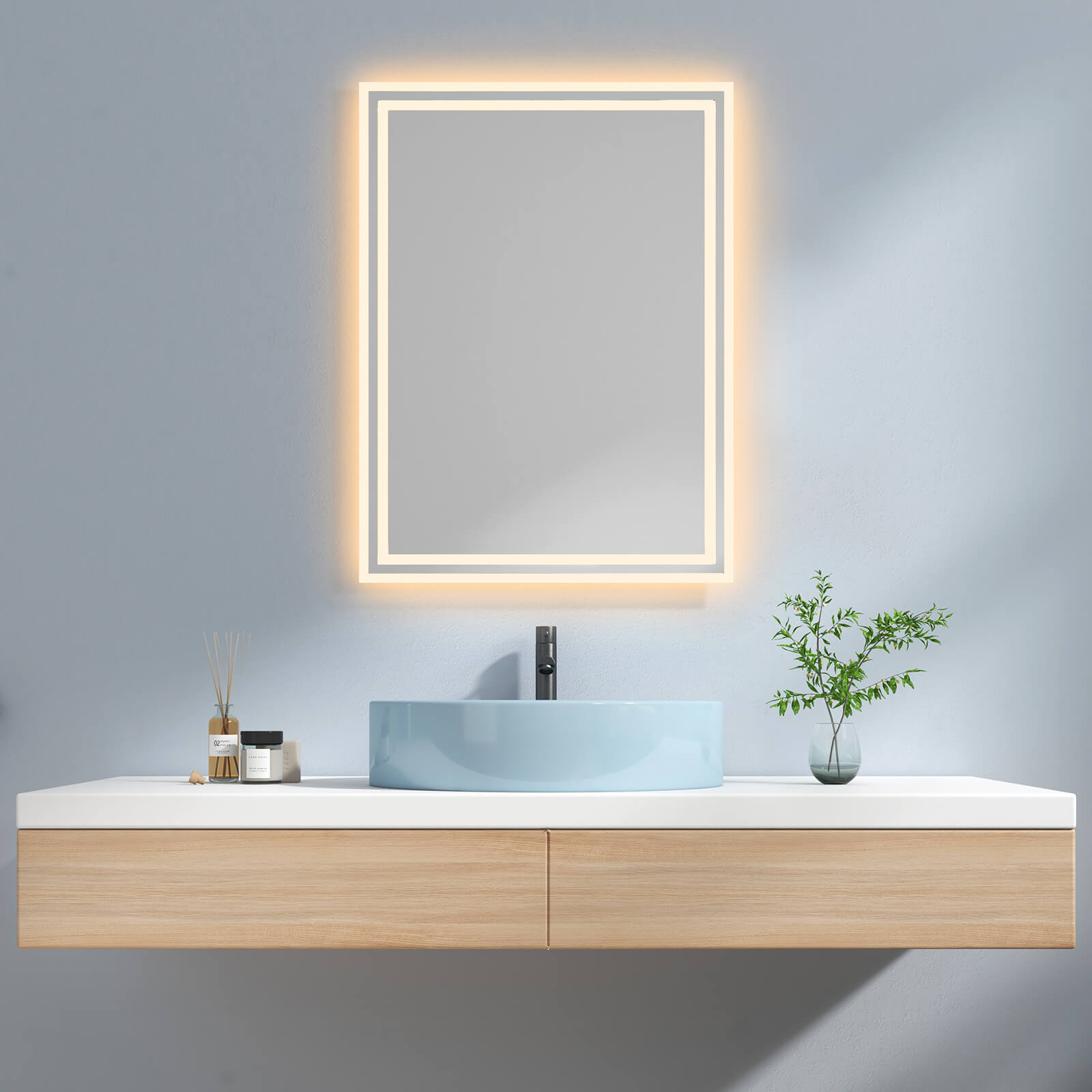 EMKE LM04 Badspiegel mit integrierter Beleuchtung und verschiedenen Funktionen, rechteckig 60×80+Warmweiß