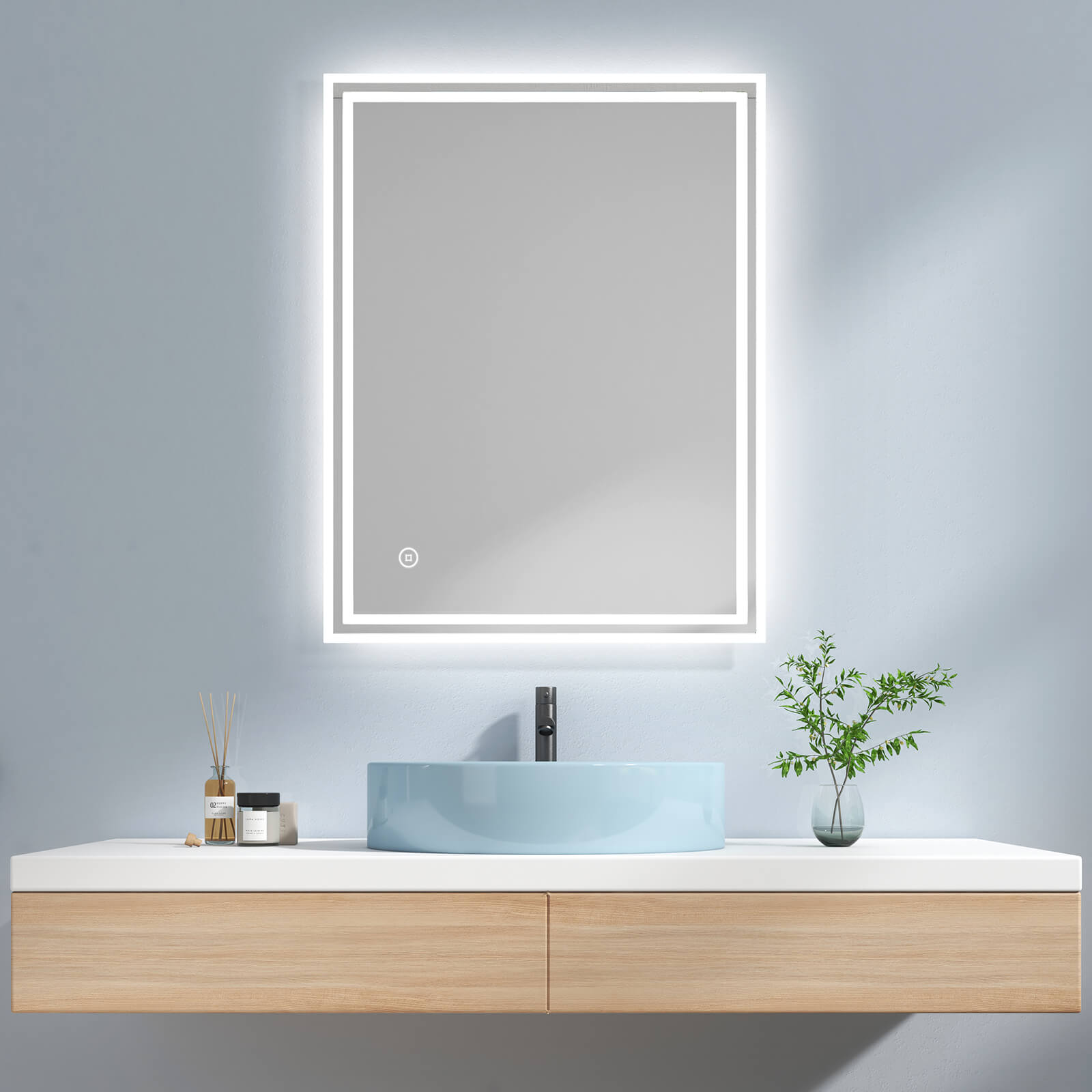 EMKE LM04 Badspiegel mit integrierter Beleuchtung und verschiedenen Funktionen, rechteckig 90×70+Touch+Kaltweiß+Anti-beschlag