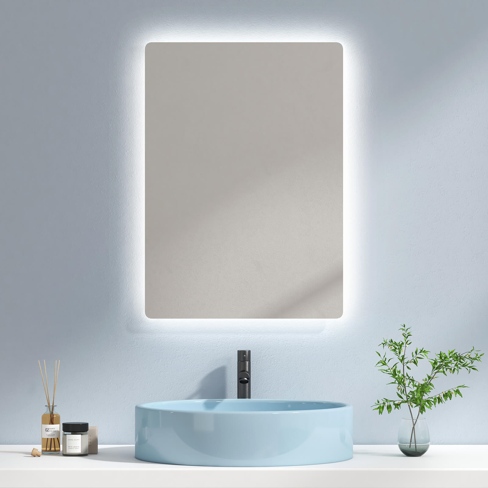 EMKE Badspiegel „LM09“ Badezimmerspiegel mit integrierter Beleuchtung und vielseitigen Funktionen, rechteckig 80×60+Kaltweiß