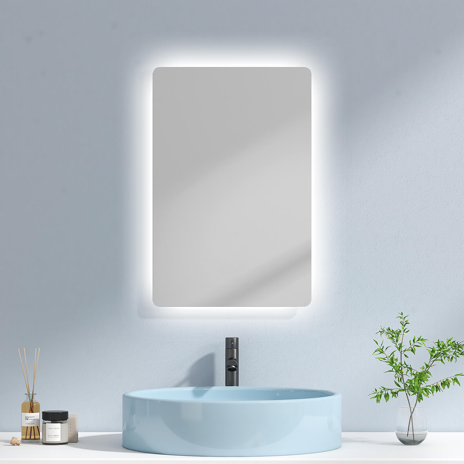 EMKE Badspiegel „LM09“ Badezimmerspiegel mit integrierter Beleuchtung und vielseitigen Funktionen, rechteckig 40×60+knopfschalter+2 Lichtfarben (3000/6500K)+Anti-beschlag