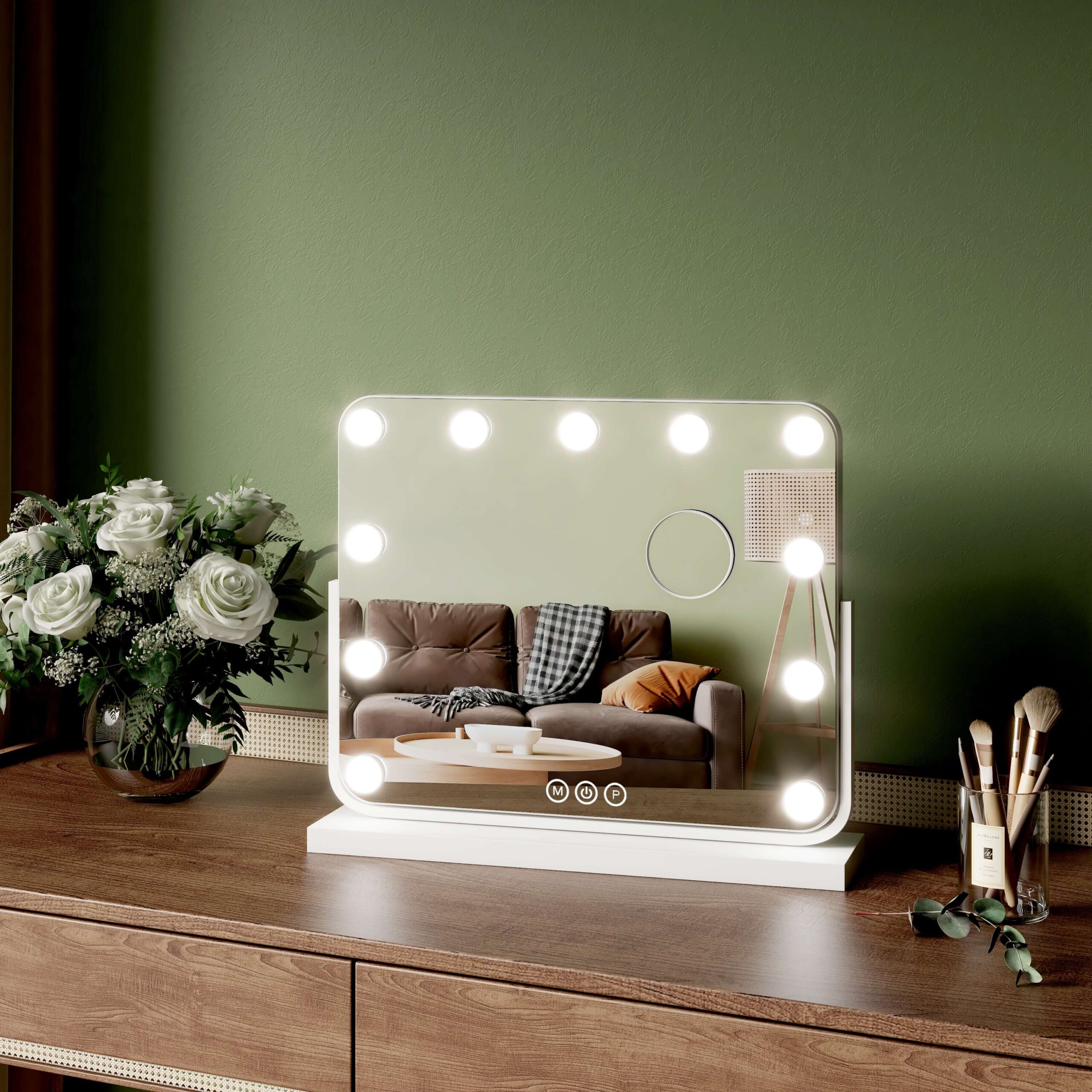 EMKE Hollywood Kosmetikspiegel „CM10“ mit Beleuchtung, 3 Lichtfarben, 7-fache Vergrößerung Weiß 50×42