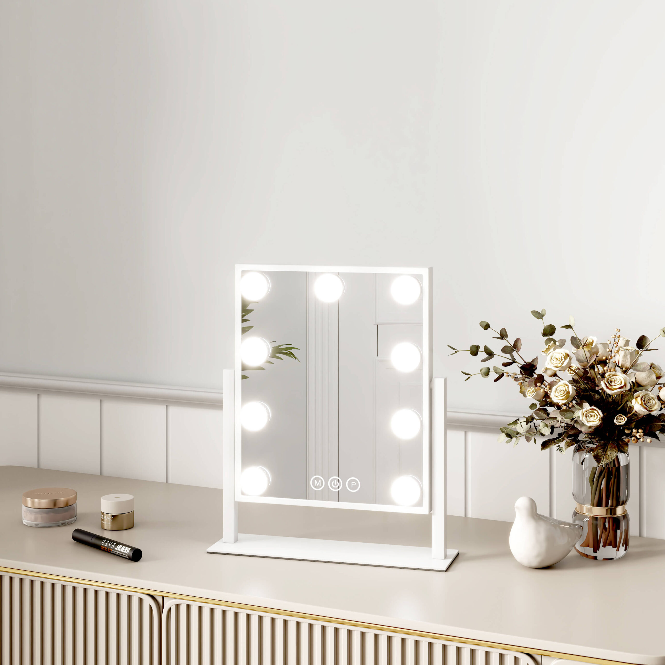 EMKE Rechteckiger Hollywood Kosmetikspiegel „CM12“ mit Beleuchtung, 3 Lichtfarben, einstellbare Helligkeit, mit 7-facher Vergrößerung Weiß 25×30
