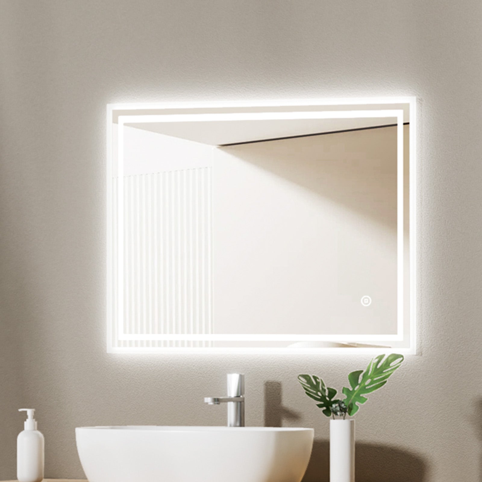 EMKE Badspiegel mit Beleuchtung „LeeMi Ω Pro“ 60x80cm Touch Schalter, 3 Lichtfarben, Antibeschlag