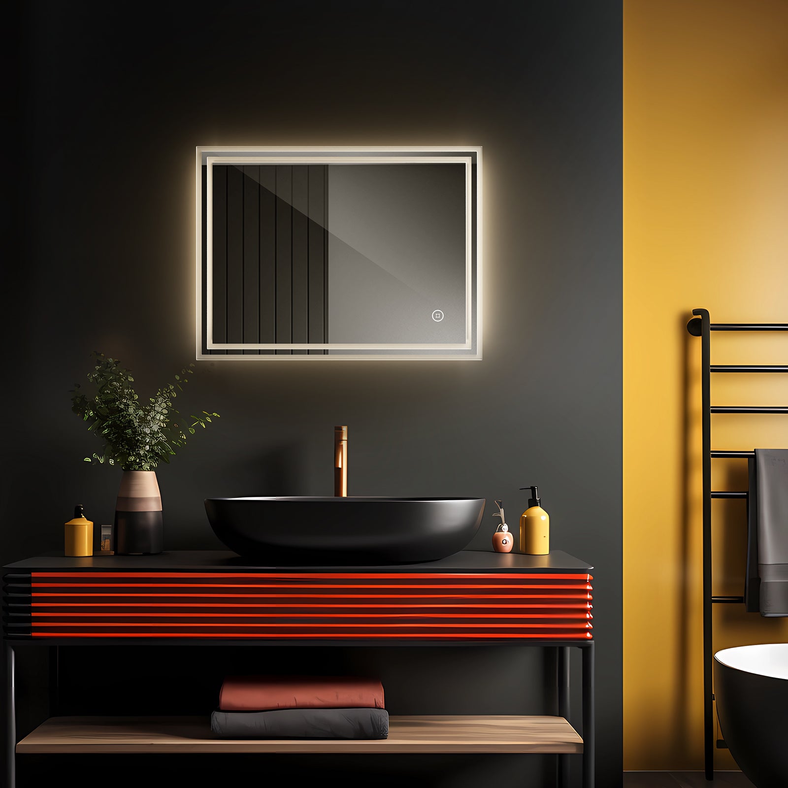 EMKE Badezimmerspiegel mit Beleuchtung „LeeMi Ω Pro“ 80x60cm Touch, 3 Lichtfarben, Antibeschlag