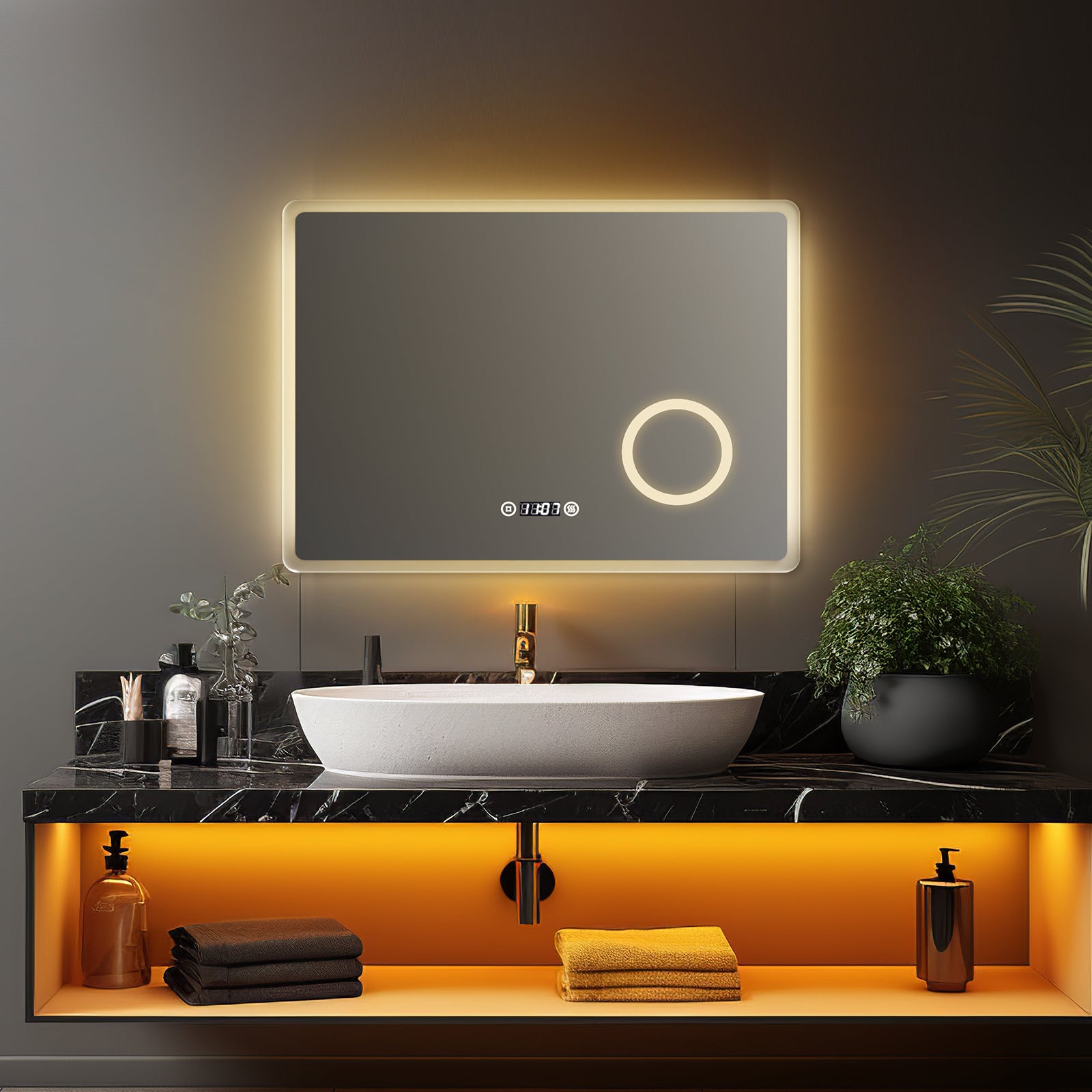 EMKE Badspiegel mit Beleuchtung „LeeMi πX Plus“ 60*80cm 3 Lichtfarben, Touch, Dimmbar, Beschlagfrei, 3x Lupe, Uhr