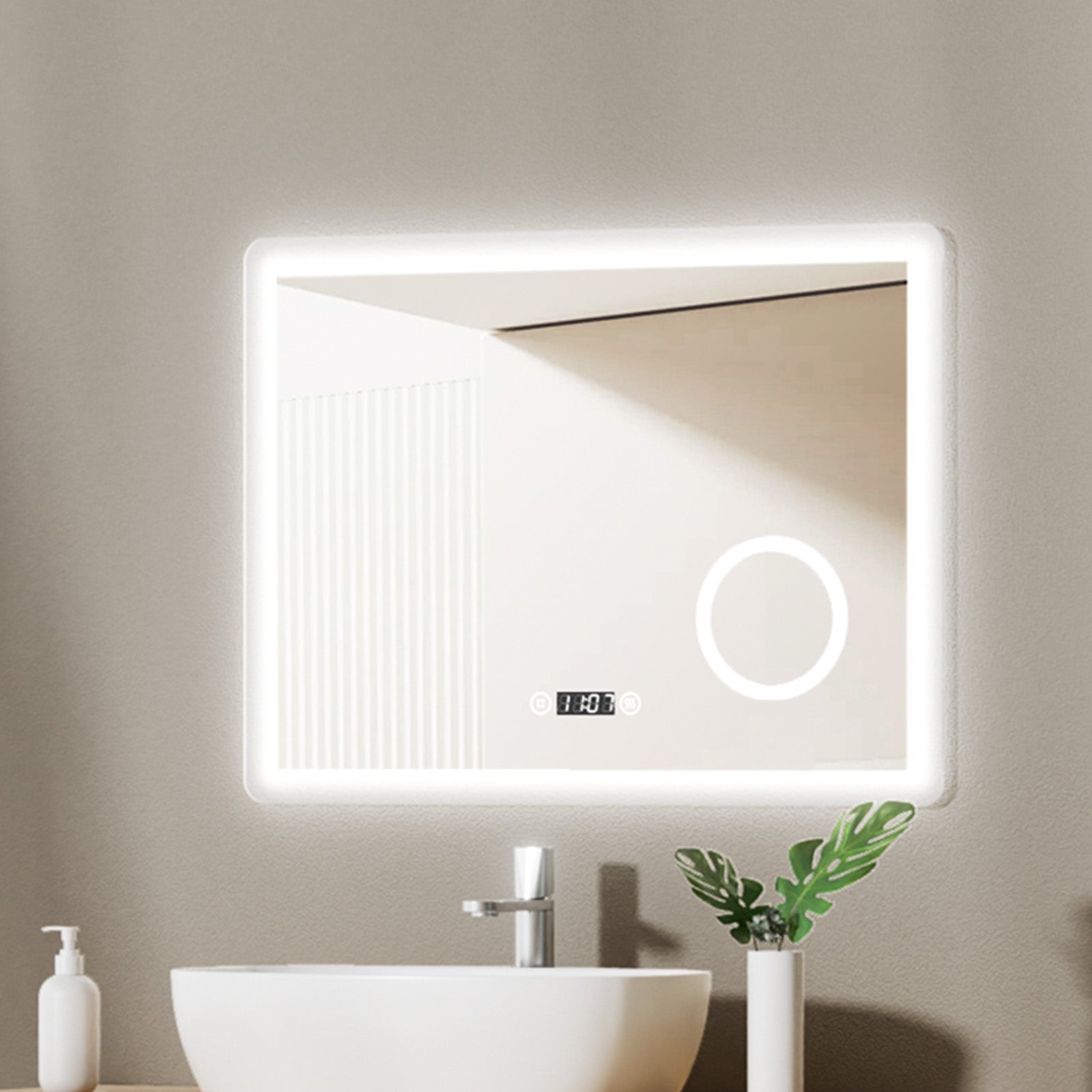 EMKE LED Badspiegel „LeeMi πX Plus“ 80x60cm, 3 Lichtfarben, Touch, Dimmbar, Beschlagfrei, 3x Lupe, Uhr
