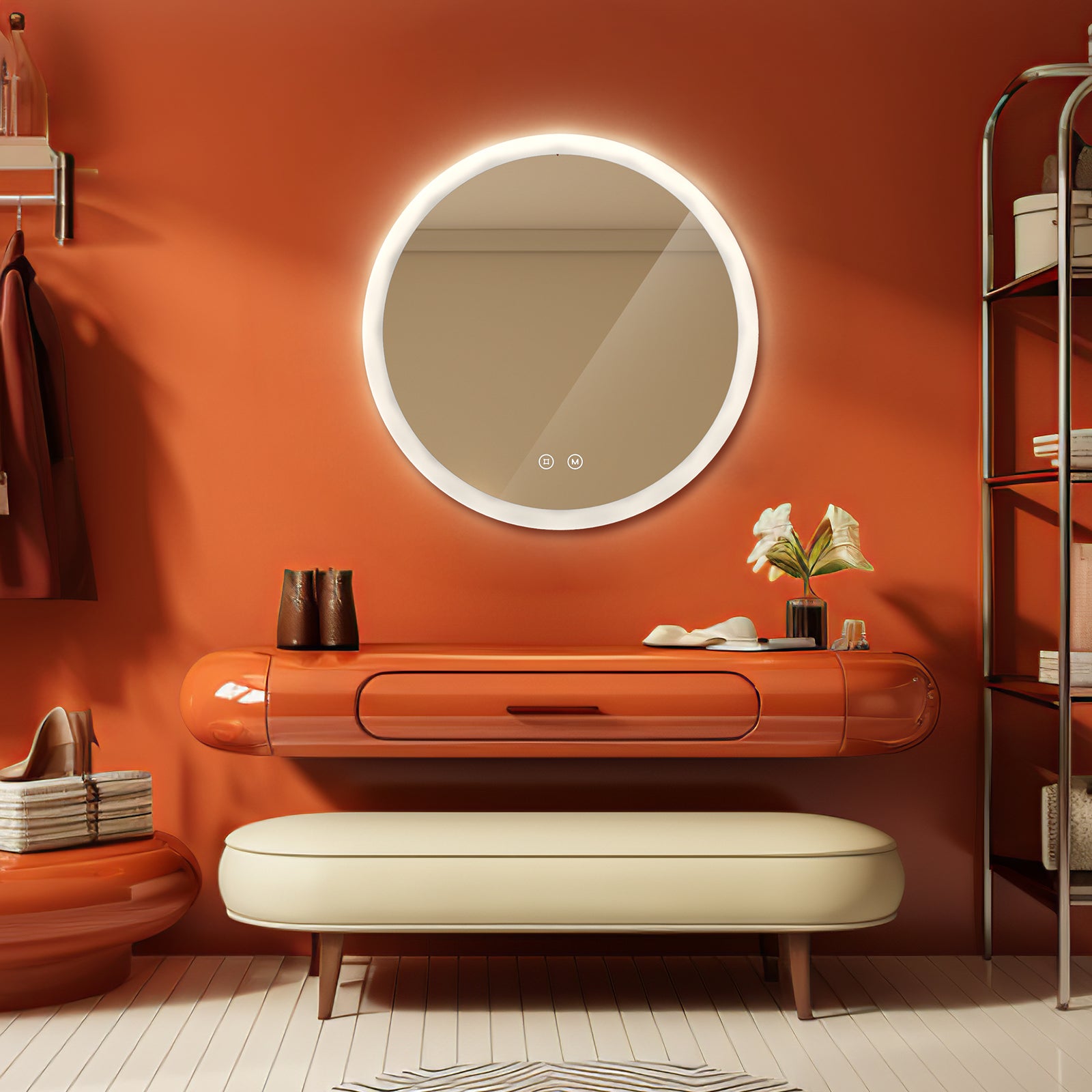 EMKE Badezimmer Wandspiegel Rund „LeeMi γ Pro“ 3 Lichtfarben dimmbar, Touch, Antibeschlag, 60x60cm